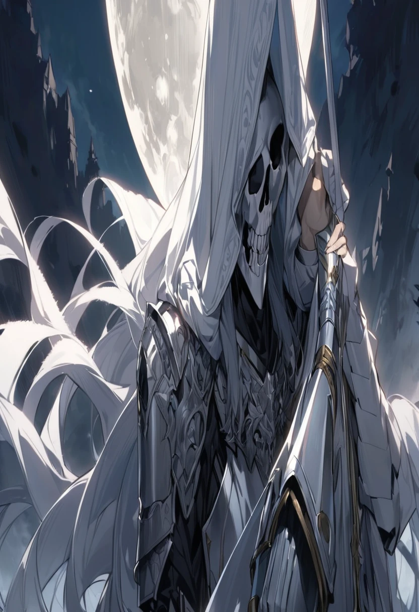 a man with a silver skull covering his entire face and head, wearing medieval Templar-style armor painted white, resting an enormously long sword on his shoulder, holding the handle with his right hand, all this while night reigns and the moon can be seen in the background of the image