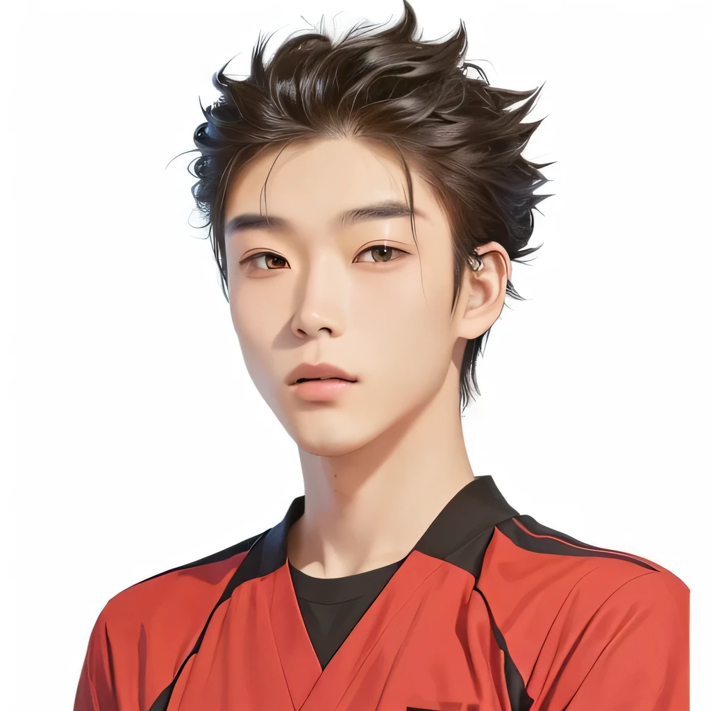 a close up of japanese young man with a red shirt and black shirt, spiky hair, best quality, realistic
