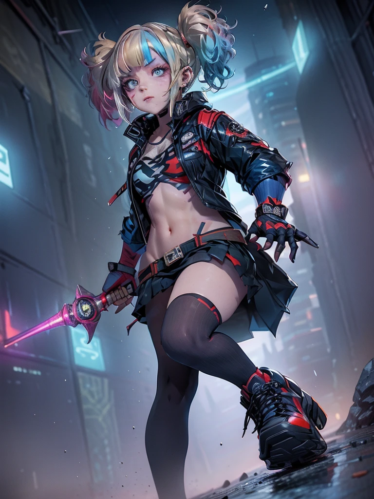 Batleen embodies the legacy of Batman and the redemption of Harley Quinn. In this anime-style design, she wears a combat suit that is predominantly black with dark blue accents and touches of red on the boots and gloves, combining elegance and functionality. Her short cape is aerodynamic, allowing for freedom of movement, and the Batman symbol on her chest is stylised with light blue details. The mask covers the upper half of her face, featuring a softer, more feminine design adorned with subtle details that reflect her unique identity. Batleen's hair is blonde with tips dyed blue and red, either tied up in a high ponytail or left loose depending on the situation. Her expressive eyes, accentuated with bold eyeliner, reveal her determination and internal conflict. She carries personalised batarangs with a diamond design, a collapsible hammer, and advanced technological gadgets. Her athletic and agile physique showcases her prowess in combat and acrobatics, while her confident stance as Batleen contrasts with her more relaxed and approachable demeanour as Harleen Quinzel.