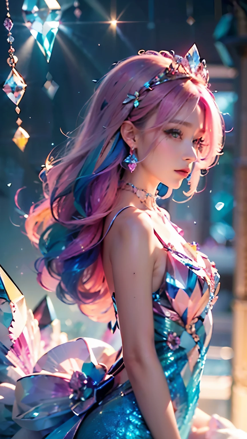 Highest quality，masterpiece，K，One girl, bangs, Exposing shoulders, chest, Crown, crystallization, dress, From the side, gem,Colorful crystallizations,Crystal Headwear,There are many crystallizations on the clothes,Colorful Gradient Hair,カラフルなdress,Colorful crystals floating,Body crystals,Crystal Necklace,Colorful crystallization decoration,crystalline girl, Gradient Hair, jewelry, Long Hair, compensate, medium chest, Multicolored Hair, Pink Hair, alone, tiara