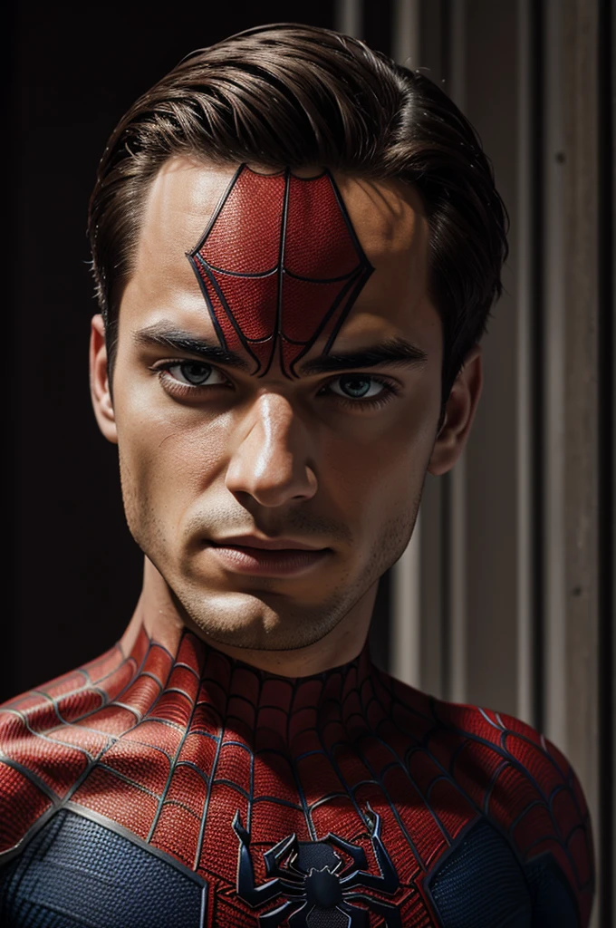 Photo of spider man, no mask, 20s, handsome, detailed face, looking at camera, Portrait, 8k uh, High quality