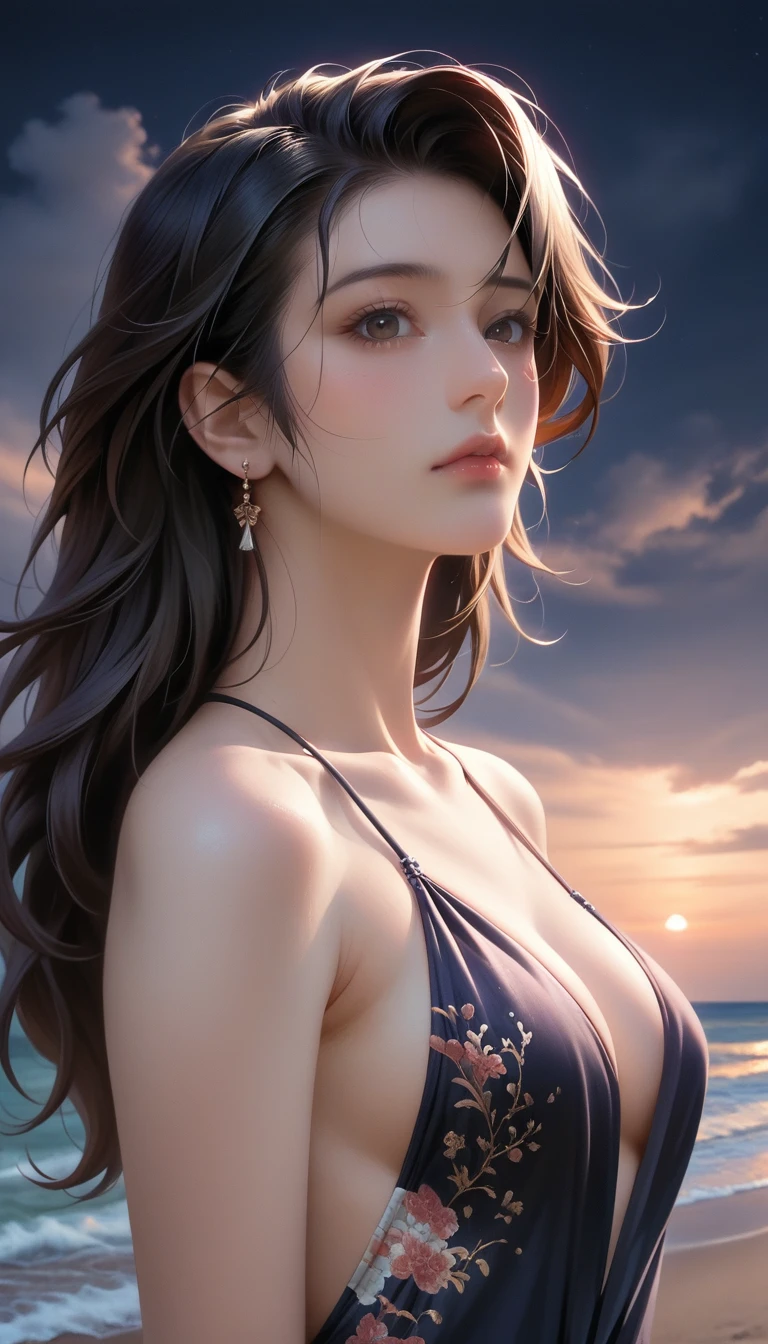 score_9, score_8_superior, score_7_superior,
Masterpieces with up to 16K resolution,Highest quality,it is really amazing,Very detailed,Ultra-high resolution,Real,Realistic,Increased depth of field,Cinematic lighting,
1 sexy japanese mature,
Long black hair,Ultra-detailed and beautiful faces,Translucent white skin,Very detailedな肌の質感,Slender body,Anatomically correct body,
(Elegant swimwear:1.2),
Artistic design,Beautiful and detailed pattern,Detailed fabric texture, Gorgeous necklace,Earrings,
(Coastal scenery at night:1.2),
Dark Clouds,Dark Sky,delay々Continuing sandy beach, Deserted Beach,Dark sea surface,
(Face close-up:1.2),