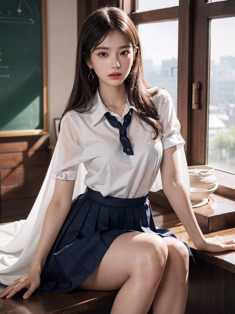 absurdres, RAW photo, extremely delicate and beautiful, masterpiece, Best Quality, ultra high resolution, 32k, hyperrealistic, ultra-detailed, perfect anatomy, anatomically correct, perfect figure, Perfect Style, Perfect balance, super Detailed skin, in her 20s, very Slim body, narrow waist, very small head, very small face, delicate facial features, handsome detailed woman, very detailed eyes and face, realistic face proportions, Realistic beautiful face, Realistic beautiful eyes, tearful mole, earring, very huge round breasts, whole body shot, whole legs, medium hair, asymmetrical hair, indoor, (school_uniform:1.2), cape,