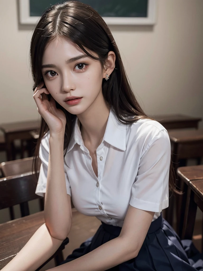 absurdres, RAW photo, extremely delicate and beautiful, masterpiece, Best Quality, ultra high resolution, 32k, hyperrealistic, ultra-detailed, perfect anatomy, anatomically correct, perfect figure, Perfect Style, Perfect balance, super Detailed skin, in her 20s, very Slim body, narrow waist, very small head, very small face, delicate facial features, handsome detailed woman, very detailed eyes and face, realistic face proportions, Realistic beautiful face, Realistic beautiful eyes, tearful mole, earring, very huge round breasts, whole body shot, whole legs, medium hair, asymmetrical hair, indoor, (school_uniform:1.2), cape,