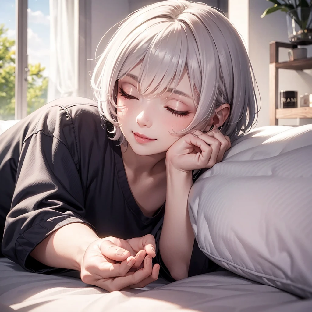 Beauty, High nose, Long eyelashes, Pink Lips, Closed Mouth, pastel colour, Dull Blue, Light, White Skin, Inner color hair, short hair, cute, 30 years old, PRADA, glossy, charm, Real, summer, null, smile, Weather showers, Big white t-shirt, Closed eyes, sleep, Pillow on face,Prone, sleep, On the bed,Gray Hair,