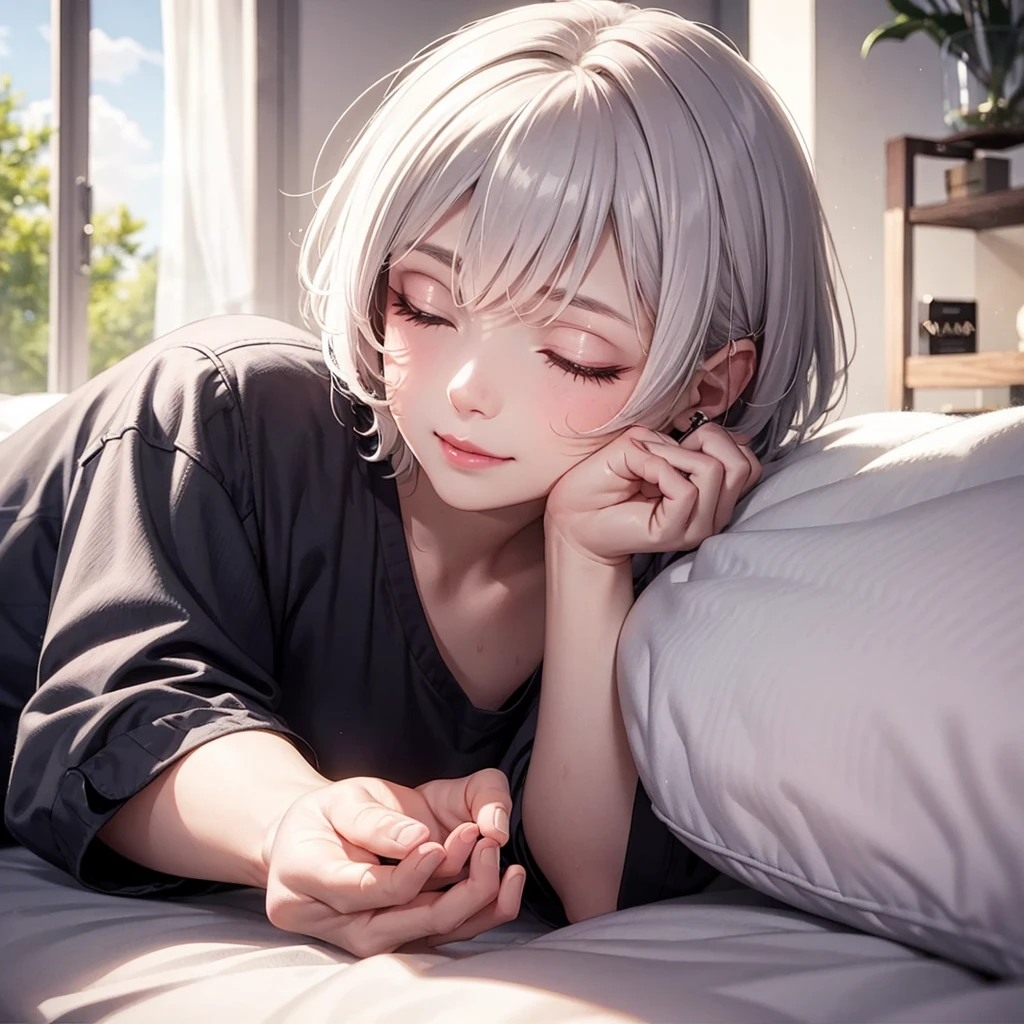 Beauty, High nose, Long eyelashes, Pink Lips, Closed Mouth, pastel colour, Dull Blue, Light, White Skin, Inner color hair, short hair, cute, 30 years old, PRADA, glossy, charm, Real, summer, null, smile, Weather showers, Big white t-shirt, Closed eyes, sleep, Pillow on face,Prone, sleep, On the bed,Gray Hair,