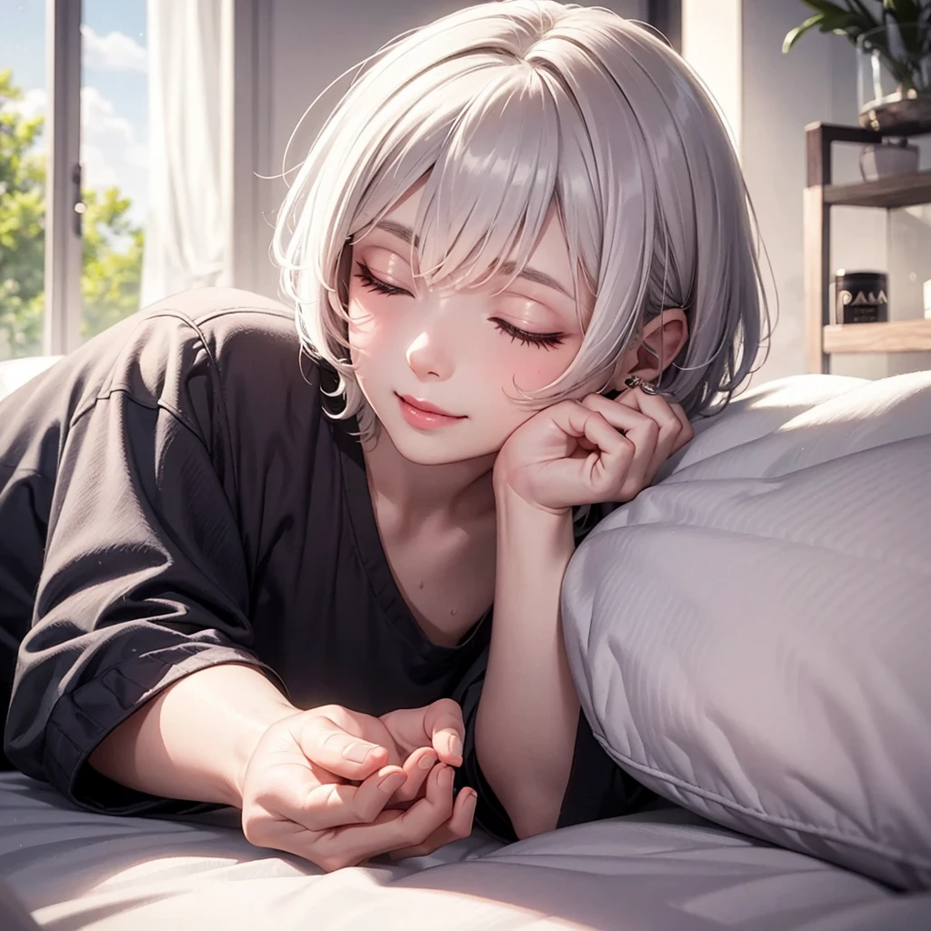 Beauty, High nose, Long eyelashes, Pink Lips, Closed Mouth, pastel colour, Dull Blue, Light, White Skin, Inner color hair, short hair, cute, 30 years old, PRADA, glossy, charm, Real, summer, null, smile, Weather showers, Big white t-shirt, Closed eyes, sleep, Pillow on face,Prone, sleep, On the bed,Gray Hair,