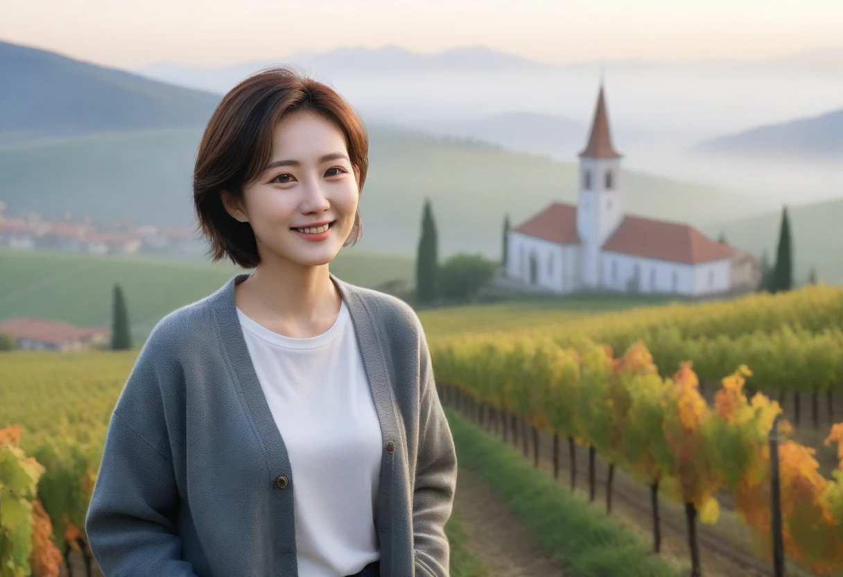 8k best picture quality, Beautiful 36-year-old Korean woman, Chest size 34 inches, Dawn in the early autumn countryside in northern Italy, View of the cathedral next to the vineyards, The back background is realistic and vivid image quality, short medium hair, Wear a shirt and cardigan and casual pants, Smile slightly. the background is clear, looking up the side., Looking at vineyards covered in thick fog from a hill