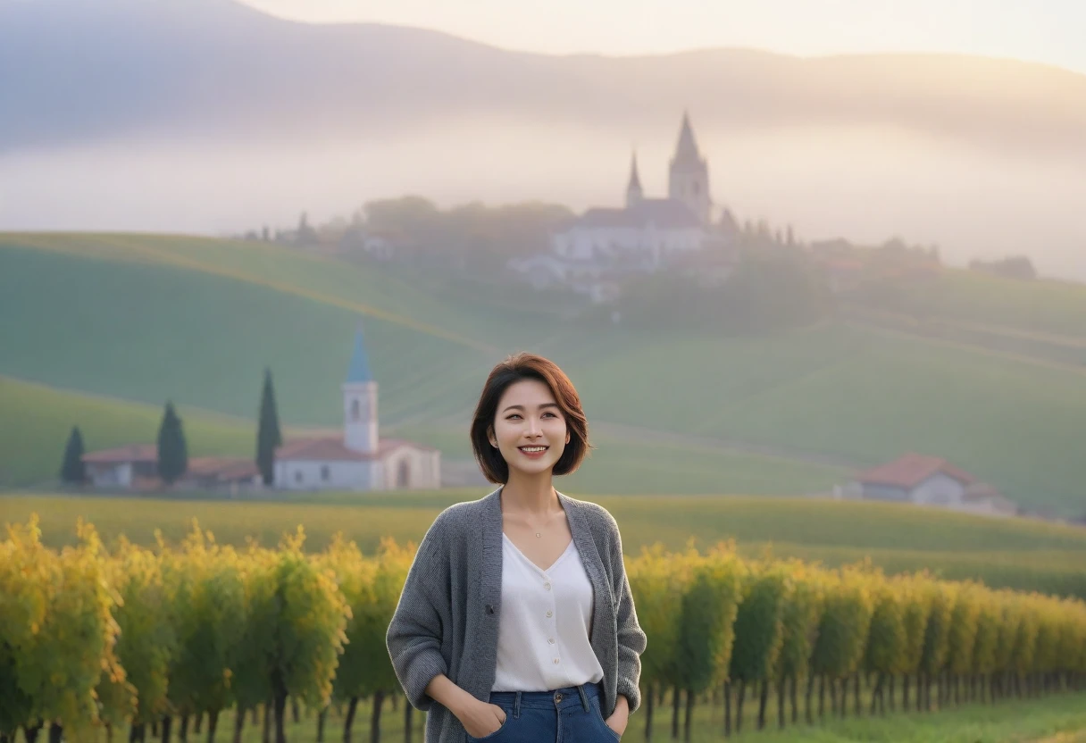 8k best picture quality, Beautiful 36-year-old Korean woman, Chest size 34 inches, Dawn in the early autumn countryside in northern Italy, View of the cathedral next to the vineyards, The back background is realistic and vivid image quality, short medium hair, Wear a shirt and cardigan and casual pants, Smile slightly. the background is clear, looking up the side., Looking at vineyards covered in thick fog from a hill