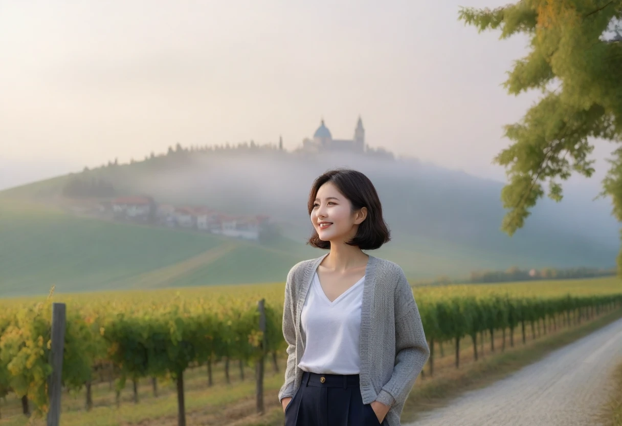 8k best picture quality, Beautiful 36-year-old Korean woman, Chest size 34 inches, Dawn in the early autumn countryside in northern Italy, View of the cathedral next to the vineyards, The back background is realistic and vivid image quality, short medium hair, Wear a shirt and cardigan and casual pants, Smile slightly. the background is clear, looking up the side., Looking at vineyards covered in thick fog from a hill