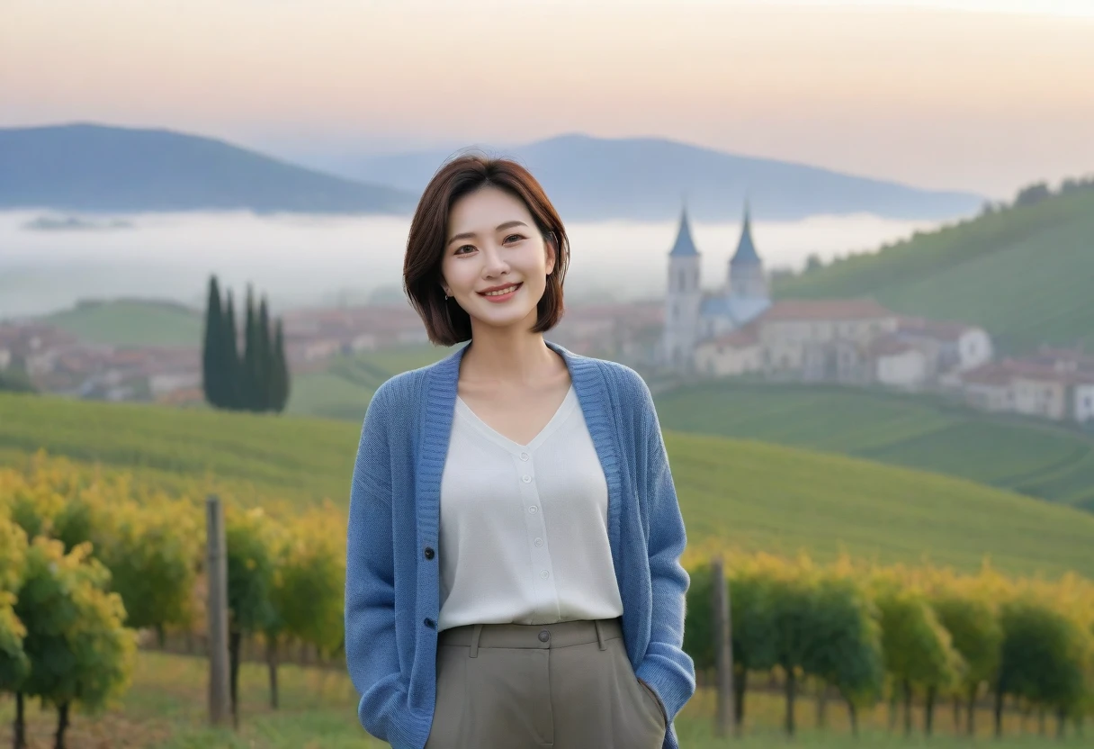 8k best picture quality, Beautiful 36-year-old Korean woman, Chest size 34 inches, Dawn in the early autumn countryside in northern Italy, View of the cathedral next to the vineyards, The back background is realistic and vivid image quality, short medium hair, Wear a shirt and cardigan and casual pants, Smile slightly. the background is clear, looking up the side., Looking at vineyards covered in thick fog from a hill