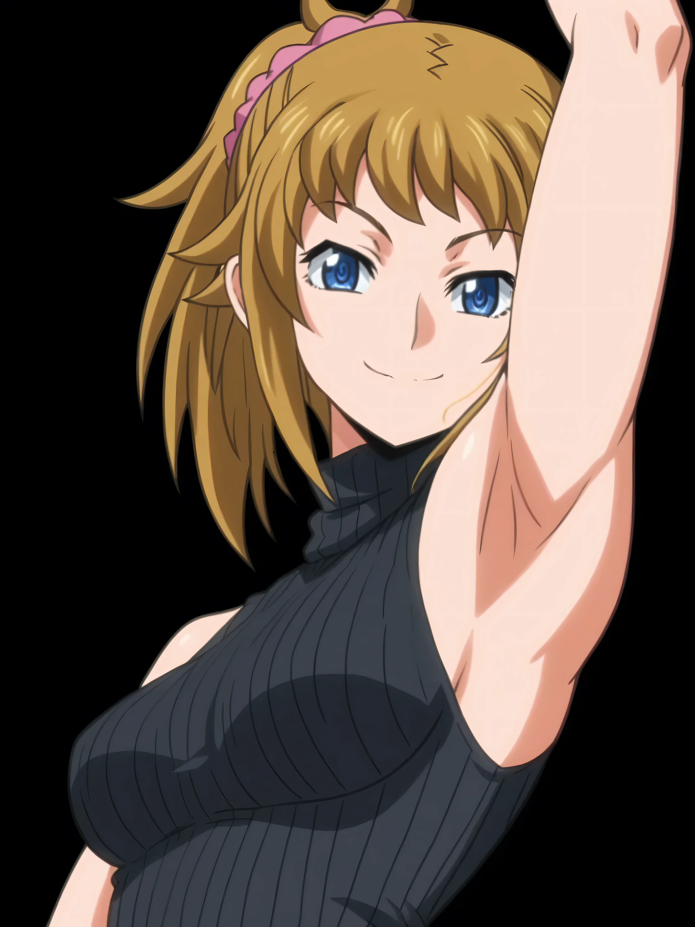 fumina hoshino, hoshino fumina, blue eyes, brown hair, ponytail, scrunchie, sweater, ribbed sweater, ribbed, turtleneck, black sweater, sleeveless sweater, sleeveless, bare shoulders, bare arms, 1girl, solo, anime screencap, frontlighting, (simple background, black background, dark background:1.3), masterpiece, absurdres, hdr, soft light, best quality, detailed, highres, shiny skin, shiny hair, (looking at viewer, eye contact with viewer:1.5), smile, (closed mouth:1.2), (smug:0.5), arm up, raised arm, armpit, upright, score_8_up, from side, from below