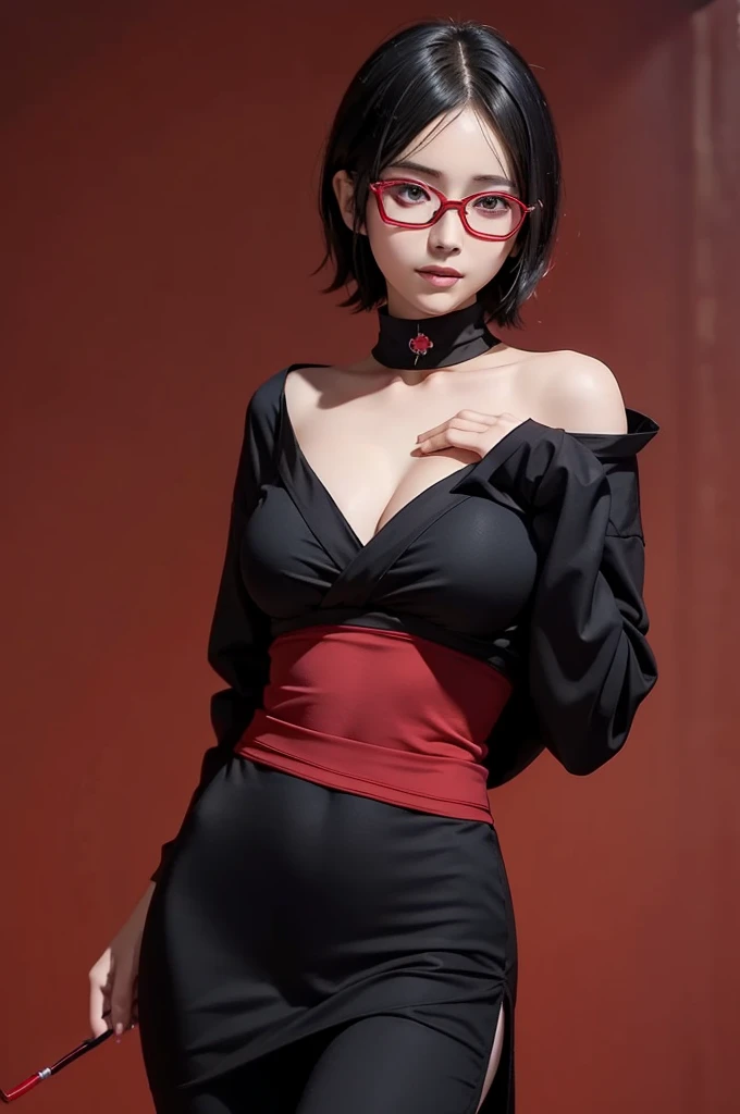 1girl, uchiha sarada in anime boruto, short hair, black hair, red eyes, smile, beautiful, sexy dress, sexy clothes, red clothes, wear red glasses, very big breast, realistic clothes, detail clothes, outdoor background, ultra detail, realistic