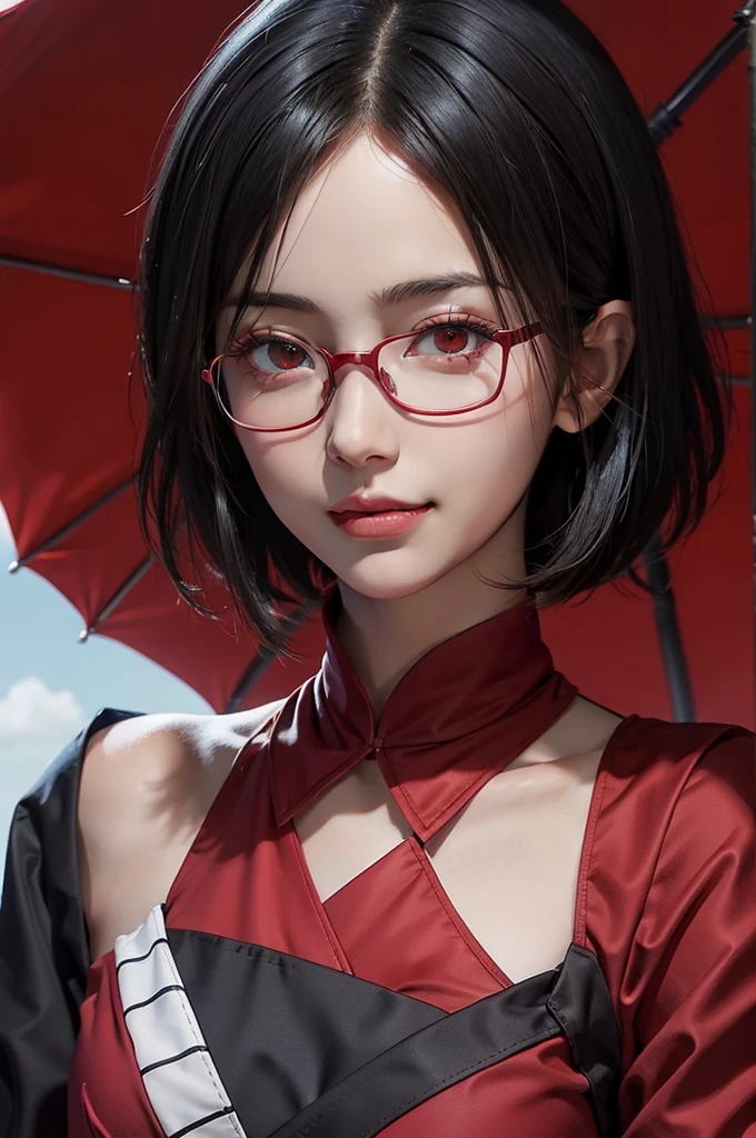 1girl, uchiha sarada in anime boruto, short hair, black hair, red eyes, smile, beautiful, sexy dress, sexy clothes, red clothes, wear red glasses, very big breast, realistic clothes, detail clothes, outdoor background, ultra detail, realistic