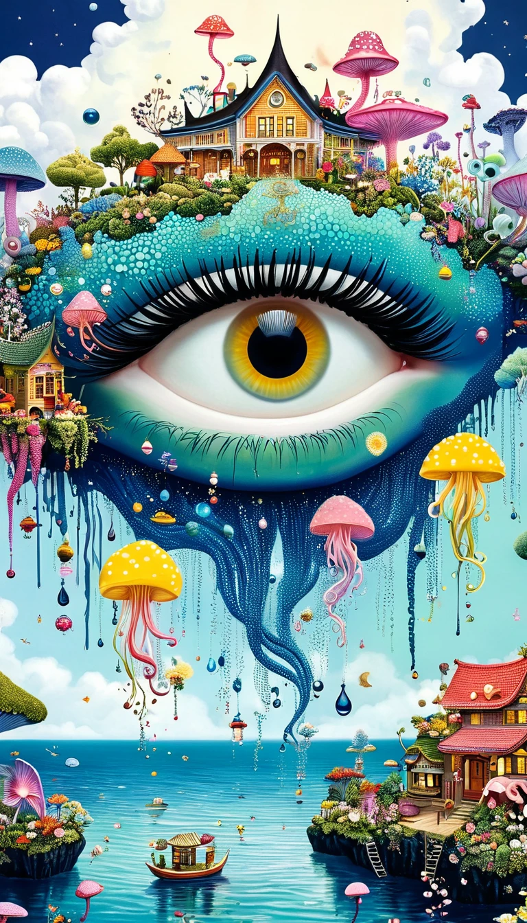 Strong visual fusion of multiple elements,Broto,来自Star的艺术家,house:1.37、Eyes-Flower Contact Lenses、Pearl Tears、Star、cloud、Spore powder、Ocean、Tentacles,Describing the inner world of autistic people,密集Pointillism method。Smooth lines。interesting,Strange illustration。Pointillism method。Strong contrast。Award-winning works。