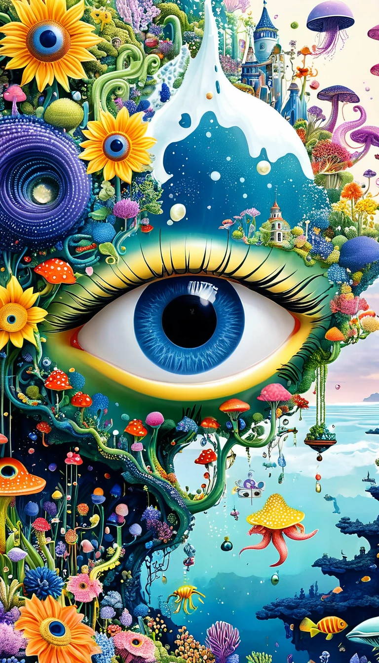 Strong visual fusion of multiple elements,Broto,来自Star的艺术家,house:1.37、Eyes-Flower Contact Lenses、Pearl Tears、Star、cloud、Spore powder、Ocean、Tentacles,Describing the inner world of autistic people,密集Pointillism method。Smooth lines。interesting,Strange illustration。Pointillism method。Strong contrast。Award-winning works。