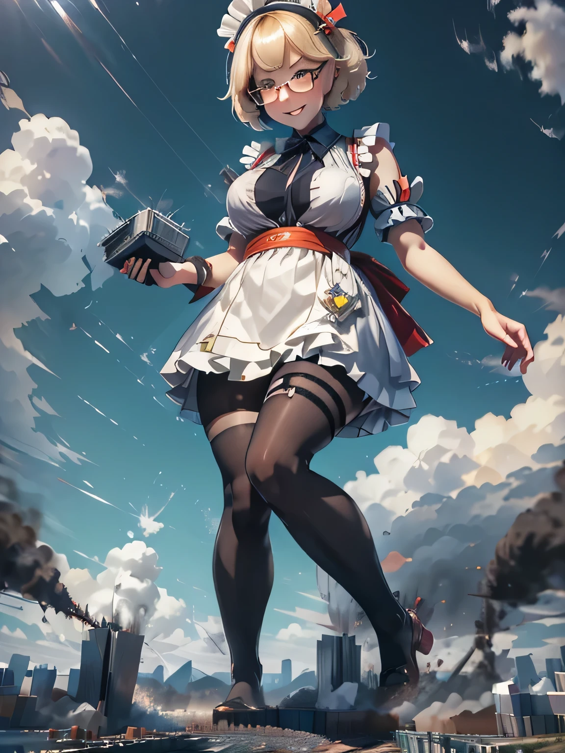 Multiple girls, giantess art, highly detailed giantess shot, giantess, most detailed, perfect face, two legs, five fingers, short hair, beautiful girl bigger than a skyscraper, wearing rimless glasses, smiling, huge breasts, maid outfit, black pantyhose, no shoes, toes visible through pantyhose, steam coming out of soles of feet, seaside metropolis, numerous miniature warships on the sea, destroying city, under heavy attack, very small metropolis, miniature metropolis, full body depiction, GTS, giga giant, trampling city, crashed city, small city, micro city, pantyhose feet, high resolution, best quality, masterpiece,