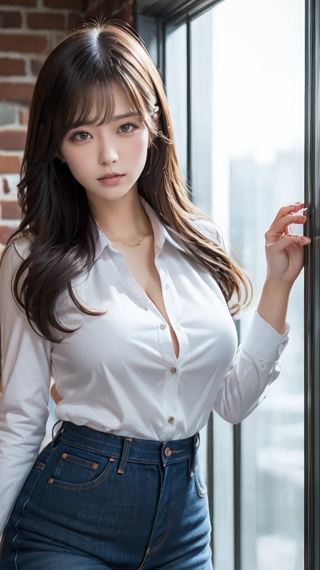 (8K, Highest quality, masterpiece: 1.2), (Realistic, photoRealistic: 1.37), beautiful, Sensual and erotic woman with a curvaceous body, Hair is black、The eye is dark brown、Long Hair、Straight hair、 (White long formal shirt)、(Unbutton all the buttons on your shirt.)、Taken off、jeans, Handcuffed over the head, Handcuffs、please stretch your arms、gag、In the basement, ((jeans))
