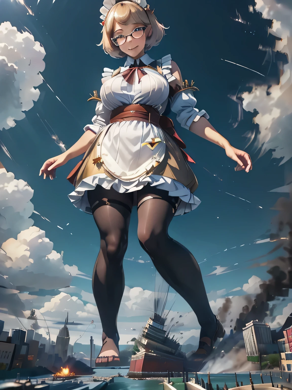 Multiple girls, giantess art, highly detailed giantess shot, giantess, most detailed, perfect face, two legs, five fingers, short hair, beautiful girl bigger than a skyscraper, wearing rimless glasses, smiling, huge breasts, maid outfit, black pantyhose, no shoes, toes visible through pantyhose, steam coming out of soles of feet, seaside metropolis, numerous miniature warships on the sea, destroying city, under heavy attack, very small metropolis, miniature metropolis, full body depiction, GTS, giga giant, trampling city, crashed city, small city, micro city, pantyhose feet, high resolution, best quality, masterpiece,