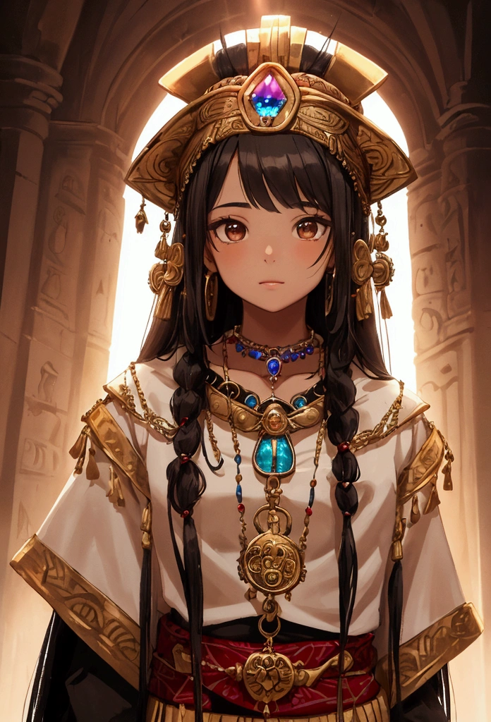 girl. Inca priestess clothing. Pendant with a crystal on his neck. Semi-long straight black hair styled. Brown eyes. Transparent clothing