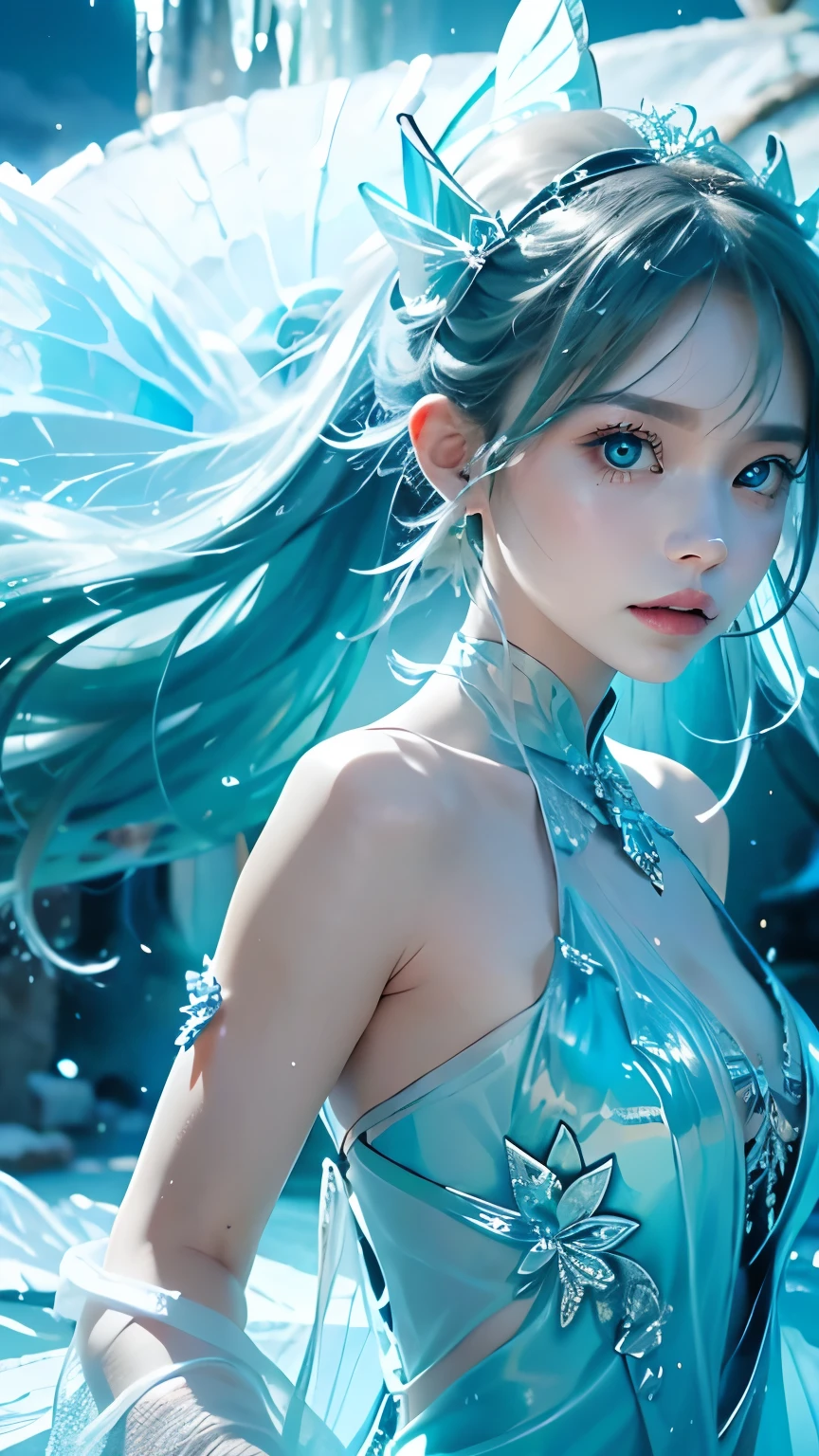 Frost Goddess,Frozen liquid,Ice World,ice,One girl,Translucent clothing,air bubble,Blue Butterfly,blue eyes,Blue Claws,chest,positive, Characters on the right, Upper Body, Knee,Dynamic pose,bubble,Blue Butterfly Wings,Butterfly Wings,crystallization,dress,Glowing Butterfly,Long Hair,View your viewers,medium chest,Lips parted,alone,water