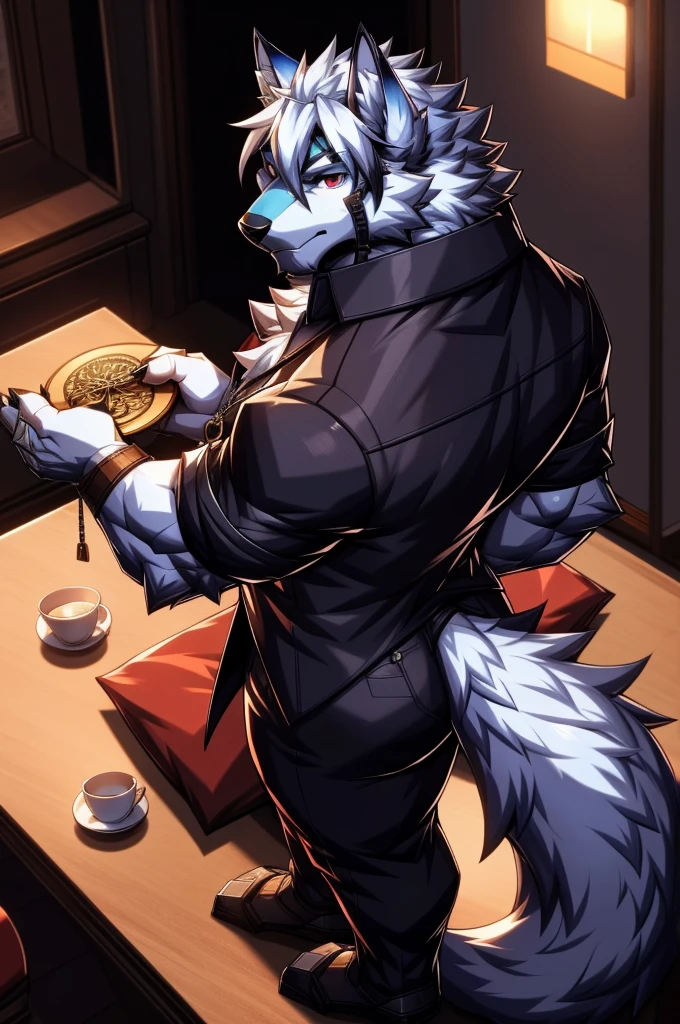 solo, anthro, furry, furry male, wolf, ((fluffy fur, fluffy, furry body)), (wolf print), prosthetic legs, round butt, fluffy tail, blue butler outfit, metal legs, red eyes, hair tuft, long hair, (light blue body, blue body, lean muscles), wolf tail, ((white hair,)), (white muzzle, white forearms), leg raised, pocket watch, gold pocket watch, pocket watch in hand, face straps, butler uniform, black metal prosthetic legs detailed fluffy fur, detailed face, detailed eyes, smaller arms (full body, round ass, fluffy ass,), cyberpunk, valorant,(by DRKS, masterpiece, high quality,hi res,8k hd), close-view portrait, looking at viewer, indoors, posh mansion, fine china,  fancy tea party cute face, standing next to table, serious expression, camera view angled from above, heavy shadows, lean build, full body,