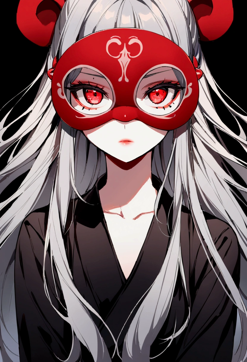 1 teen girl character。gray hair color、Glowing red eyes、Long Hair、There is a mole under the left eye。Without background、Depict people only.Wearing a monkey mask
