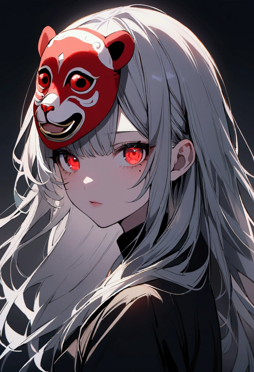 Red demon mask, blonde hair side chignon, smile, white kimono, cute 