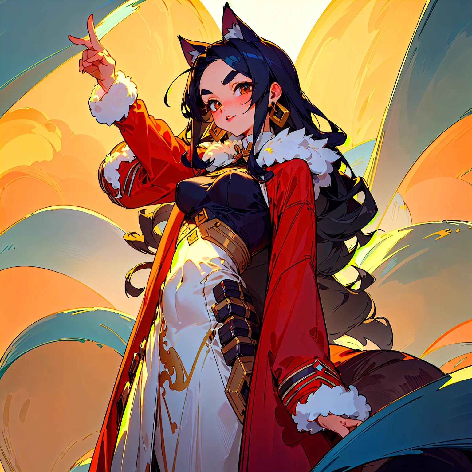 1girl, (Masterpiece, high quality, highly detailed), ((Pigeon breasts, A combination of East-West and conical, with breasts pointing slightly outward and appearing more triangular)), wearing (((Faux fur-trimmed parka dress))), (She has large, almond-shaped, dark brown eyes that draw you in with their depth and warmth. Her small and slightly upturned nose adds a touch of delicate charm to her face. Her full, deep red lips are striking and captivating. Long, straight black hair cascades down her back, complementing her warm medium skin tone with a golden undertone. Thick and arched eyebrows frame her expressive eyes, highlighting her high and defined cheekbones. Her rounded chin and small ears, which sit close to her head, complete her elegant look. Her vibrant and expressive expression reflects a lively and engaging personality.), ((winter theme, background: outside, street), (Bending to pet a cat))