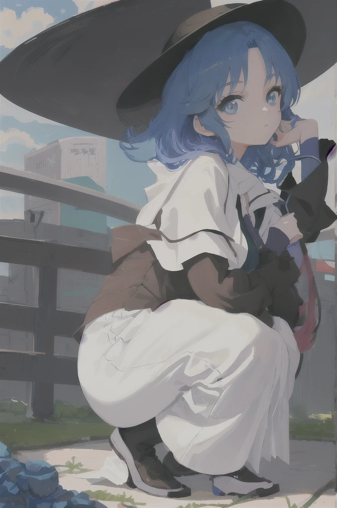 Anime - style image of a woman with blue hair and a hat, Bending over, 美丽的the anime girl is crouching, Extremely detailed Artgerm, 2 b, 2b, Attractive anime girl, Popularity on ArtStation Pixiv, the anime girl is crouching, Tick, Guweiz on ArtStation Pixiv, Guweiz in Pixiv ArtStation