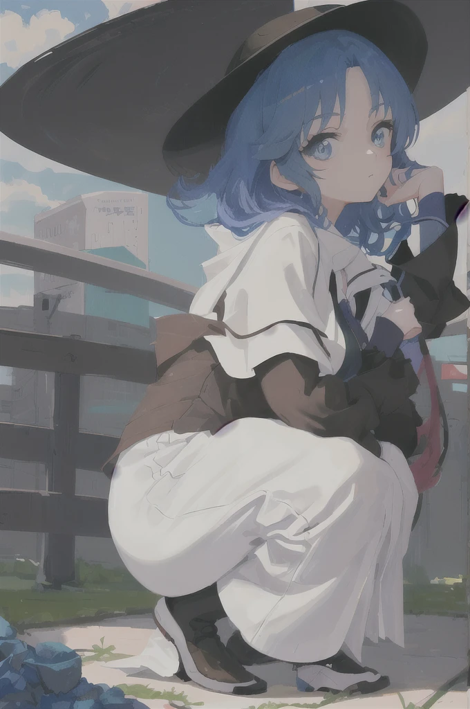 Anime - style image of a woman with blue hair and a hat, Bending over, 美丽的the anime girl is crouching, Extremely detailed Artgerm, 2 b, 2b, Attractive anime girl, Popularity on ArtStation Pixiv, the anime girl is crouching, Tick, Guweiz on ArtStation Pixiv, Guweiz in Pixiv ArtStation