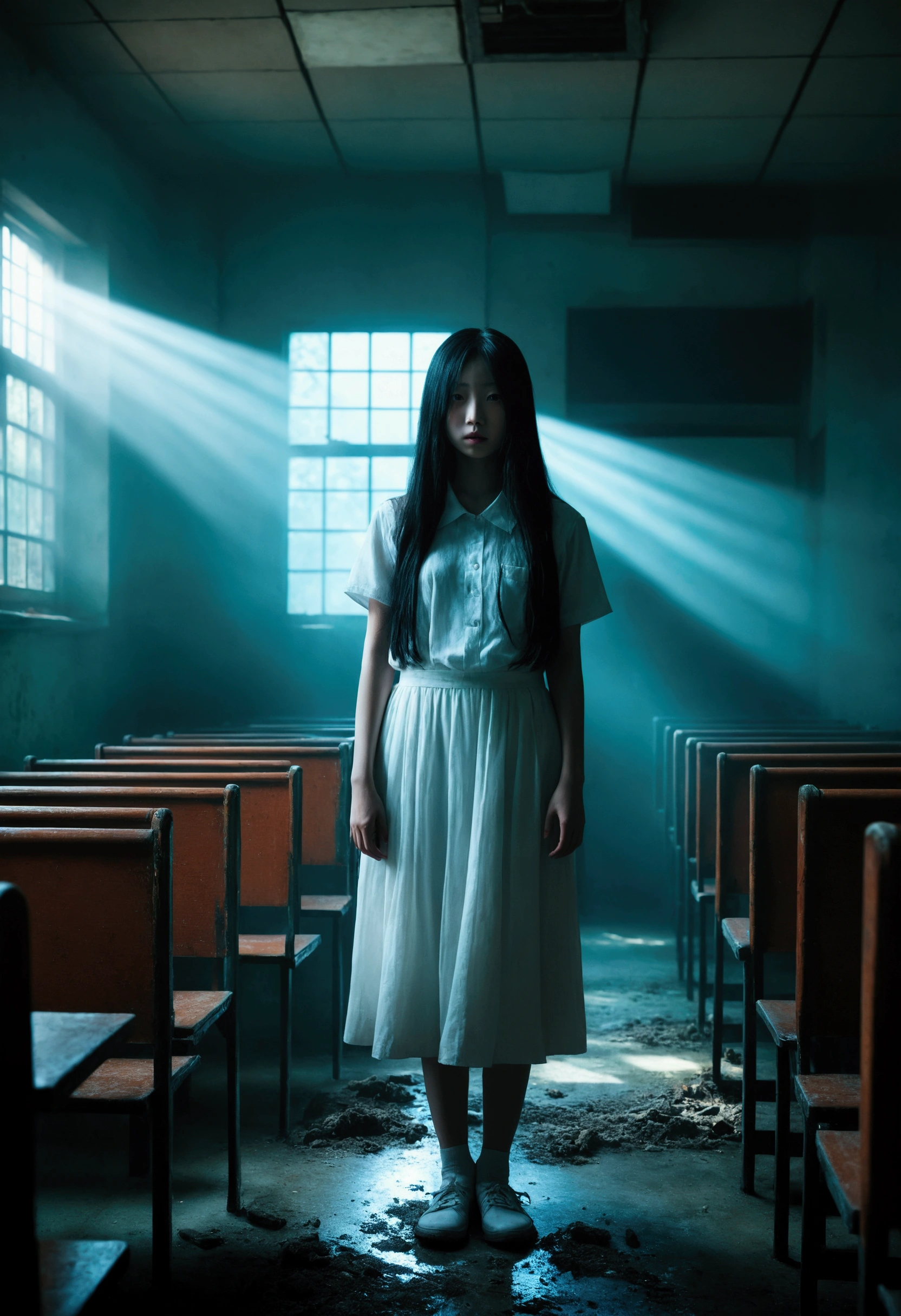 Sadako、White clothes、See-through、In the liminal space of a dark abandoned school、Dynamic lighting、Photorealistic、Trending on Art Station、Stunning visuals、fog、creative、Cinematic、Super detailed、Atmospheric、Ambient Lighting、Scary Art、low quality、Heavy film grain、Low saturation、Orange Teal Hue
