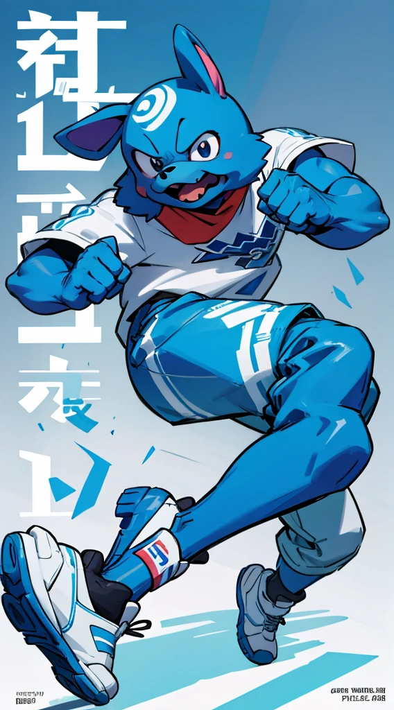 A bright blue dog-themed character, Wearing big sneakers, サイバーパンク, Magazine Cover, Simple Background, Running around, raised fist, projected inset, UHD, best quality, highres, 8k