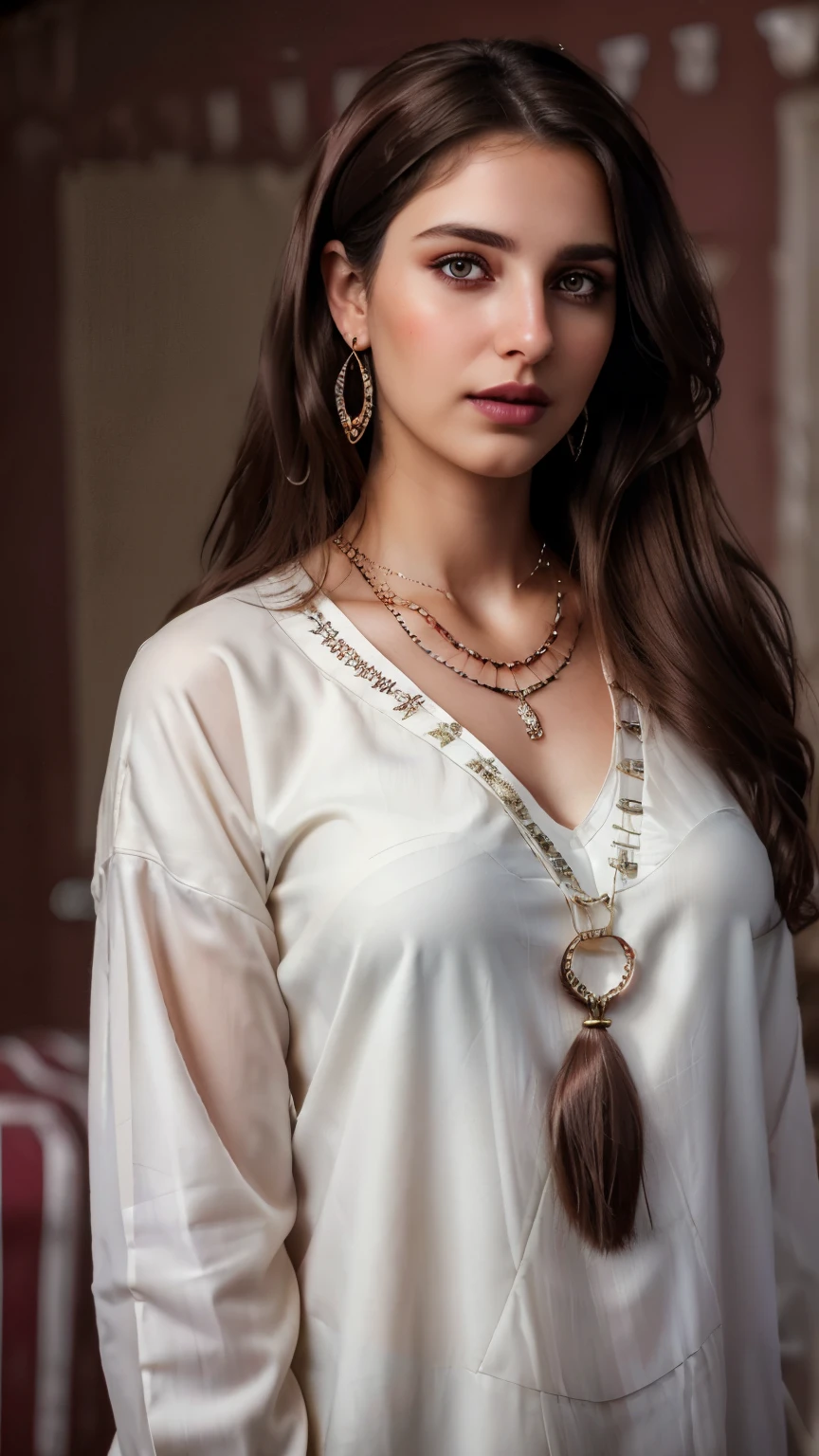 Wavy brown hair, (RAW photo, realism: 1.8), (very dark lip gloss, jet black lipstick, many eyelashes, dark black eye shadow, shy, blushing, high quality, high resolution, depth of field, chromatic aberration, caustic, wide light, natural colors, 30 year old woman), necklaces, chokers, earrings, bracelets, wear many accessories, wearing traditional Pakistani clothes, white color dress, and white hijab, woman very big , soft skin, white skin, slim nose, beautiful eyes, The Casual Hip Stance poses, 8k results, high resolution, realistic,