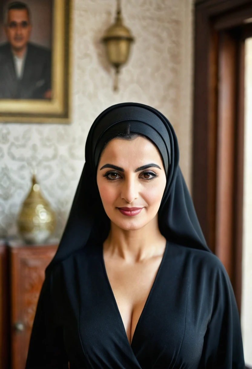 1950s old grainy picture Fair 49 year old Beautiful , stunning Arab Muslim woman wearing a black abaya frock showing cleavage low neckline in depth of field apartment interior background