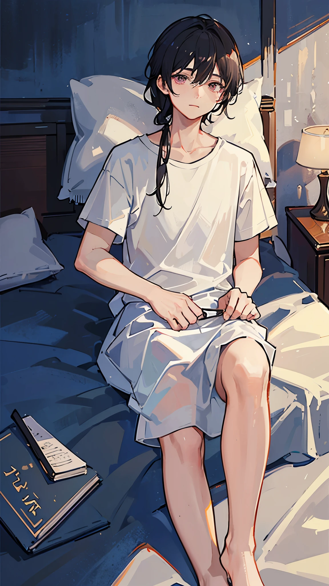 (Highest quality)), ((masterpiece)), (detailed),The background is the bedroom、Lying in bed、boyfriend、A man around 35 years old、A man with waist-length black hair tied back、Wearing a white T-shirt,Eye color is a calm blue、Location: Bedroom。Lying together