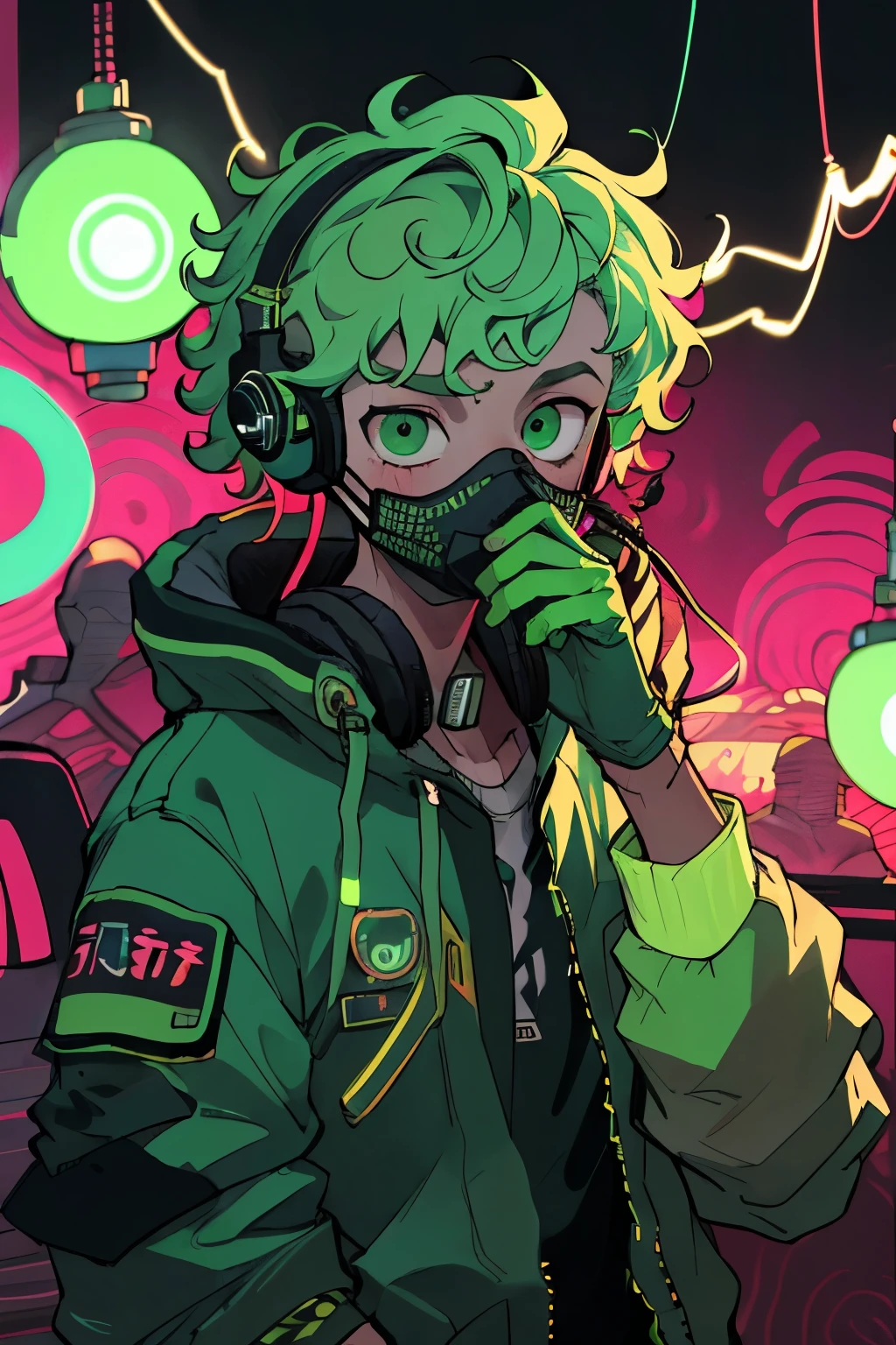 Kpop boy inside a train, green gloves, face mask, looking at a trading chart, cool colorful jacket, listening to his headphones, green messy curly hair, neon glowing style, cool background, young.