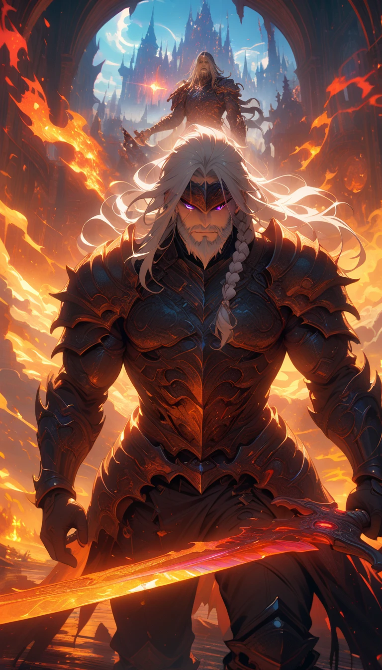 ((best quality)) , ((masterpiece)) , (detailed),weapon, armor, holding, long hair, facial hair, glowing eyes, 1boy, male focus, holding weapon, glowing, sword, outdoors, helmet, braid, teeth, fire, shoulder armor, pants, grey hair, beard, bangs, holding sword, muscular male, white hair,(((Dreamscape , blended visuals . Surreal, ethereal, dreamy, mysterious, fantasy, highly detailed)))