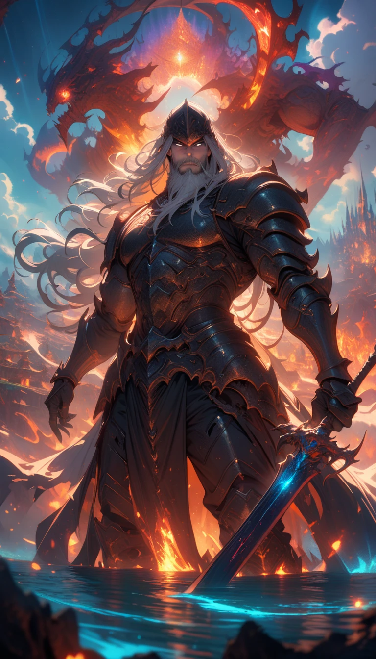 ((best quality)) , ((masterpiece)) , (detailed),weapon, armor, holding, long hair, facial hair, glowing eyes, 1boy, male focus, holding weapon, glowing, sword, outdoors, helmet, braid, teeth, fire, shoulder armor, pants, grey hair, beard, bangs, holding sword, muscular male, white hair,(((Dreamscape , blended visuals . Surreal, ethereal, dreamy, mysterious, fantasy, highly detailed)))
