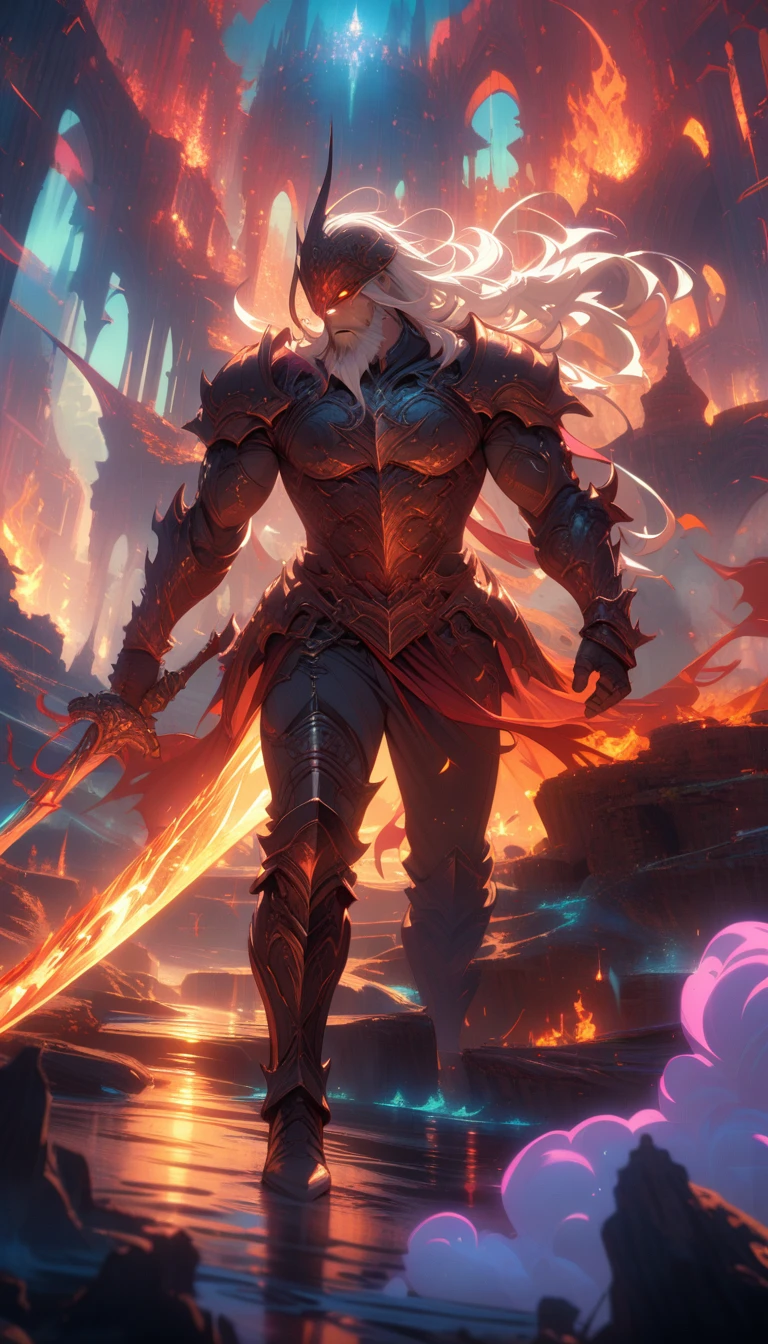 ((best quality)) , ((masterpiece)) , (detailed),weapon, armor, holding, long hair, facial hair, glowing eyes, 1boy, male focus, holding weapon, glowing, sword, outdoors, helmet, braid, teeth, fire, shoulder armor, pants, grey hair, beard, bangs, holding sword, muscular male, white hair,(((Dreamscape , blended visuals . Surreal, ethereal, dreamy, mysterious, fantasy, highly detailed)))