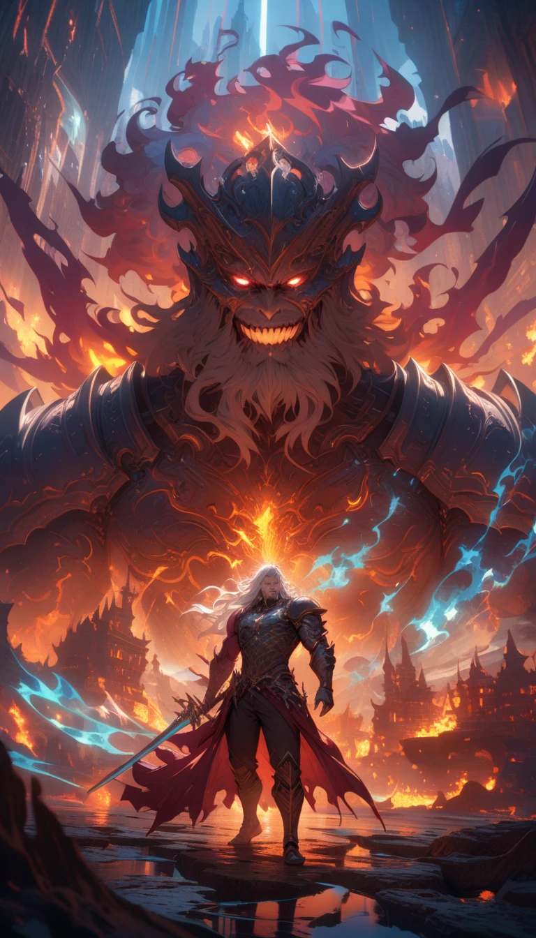 ((best quality)) , ((masterpiece)) , (detailed)，weapon, armor, holding, long hair, facial hair, glowing eyes, 1boy, male focus, holding weapon, glowing, sword, outdoors, helmet, braid, teeth, fire, shoulder armor, pants, grey hair, beard, bangs, holding sword, muscular male, white hair,(((Dreamscape , blended visuals . Surreal, ethereal, dreamy, mysterious, fantasy, highly detailed)))