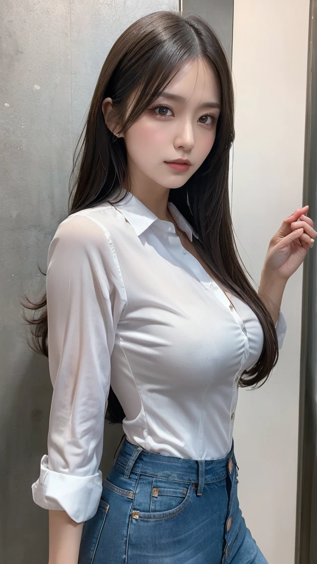 (8K, Highest quality, masterpiece: 1.2), (Realistic, photoRealistic: 1.37), beautiful, Sensual and erotic woman with a curvaceous body, Hair is black、The eye is dark brown、Long Hair、Straight hair、 (White long formal shirt)、(Unbutton all the buttons on your shirt.)、Taken off、jeans, Handcuffed over the head, Handcuffs、please stretch your arms、gag、In the basement, ((jeans))
