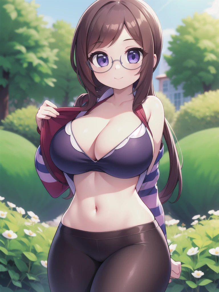 master-piece, bestquality, 1girls,, View viewers from face, HD, slight smile, massive tits, cleavage, tiny body, under tits cleavage, wide hips, garden, extra slim waist, large sleeve, glasses, striped miniskirt, crop top,