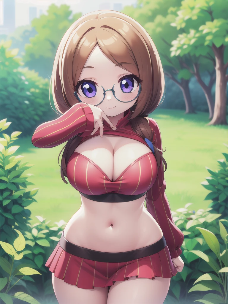 master-piece, bestquality, 1girls,, View viewers from face, HD, slight smile, massive tits, cleavage, tiny body, under tits cleavage, wide hips, garden, extra slim waist, large sleeve, glasses, striped miniskirt, crop top,