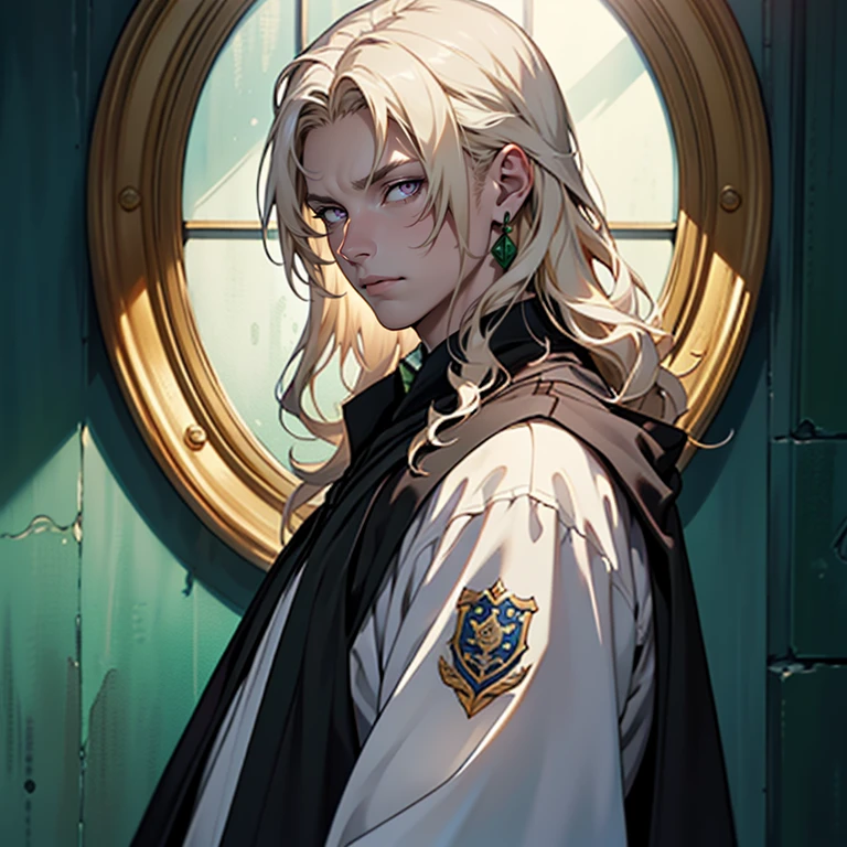 ((masterpiece)), (((best quality))), solo, 1 male, wizard, pale white skin, white-blonde hair, long hair, curly hair, handsome man, bright purple eyes, tall, Slytherin uniform with black robes, simple earrings, highest quality, highly detailed, original, high resolution CG Unit 8k wallpaper, (best quality, artwork, masterpiece, 4k)