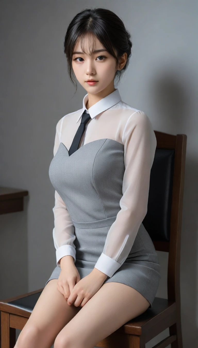 8k, Ultra-high resolution, Highest quality, masterpiece, 三分割法によるphotograph,Surreal, photograph, 1 Girl, (:1.3), pretty girl, Cute Face, Beautiful eyes in every detail, 細かくdetailedに,masterpiece,One Girl:1.2, Japan Female Announcer,full body,sad,streaming tears,Black short hair,Messy bun hair,(black suit:1.3),Nun's clothing,Black Pencil Skirt,(印象派の美しい少女のPortraiture), (Gray background:1.3),(Impressionist light and colour),Dedication to God,Sit in a tall chair,Beautiful leg line beauty,Stiletto pumps,Realistic Skin, Perfect and beautiful face ,完璧でCute Face, Skin with attention to detail, Perfect limbs、Narrow waist,Looking at the audience、beauty,Long neck,clavicle,(((Ideal body type))),A cup small breasts :2,Portraiture:2,Perfect Anatomy,鮮明なdetailed,detailed,Surreal,Light and shadow,spotlight