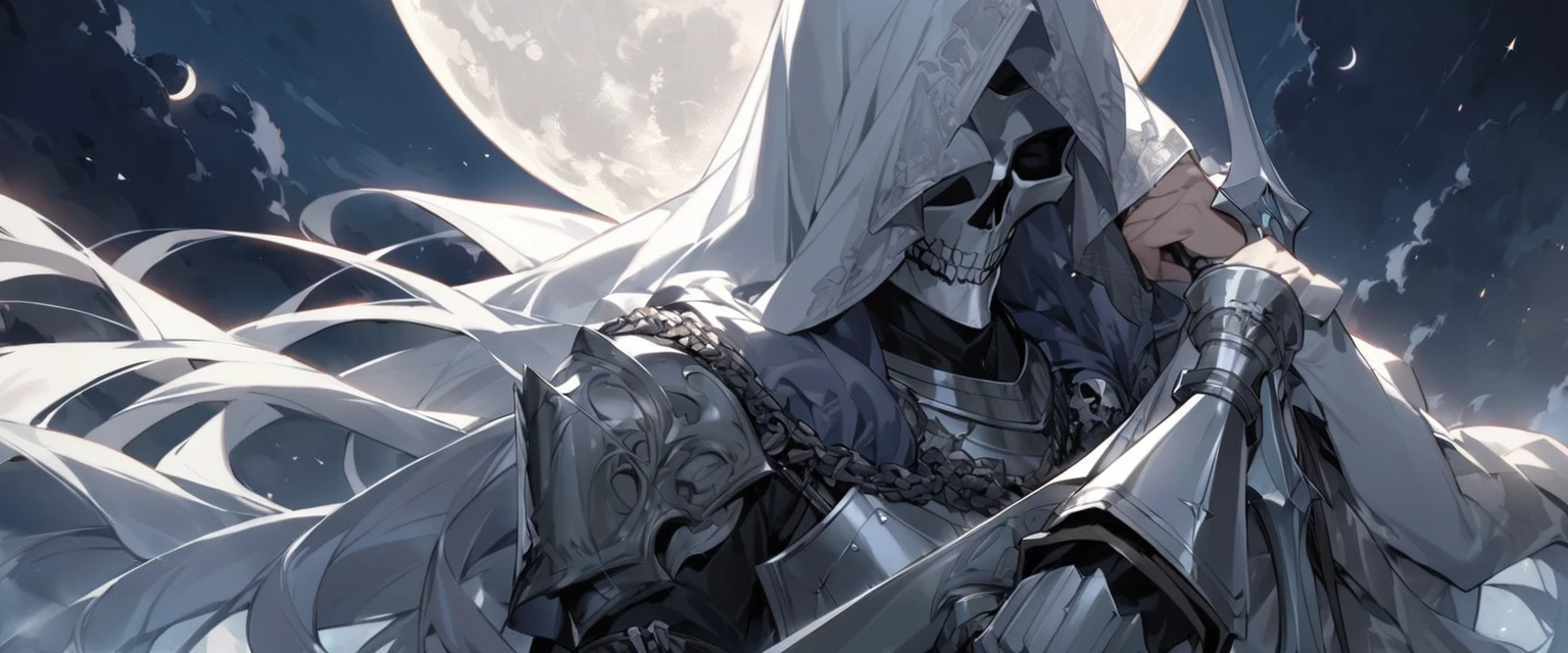 a man with a silver skull covering his entire face and head, wearing medieval Templar-style armor painted white, resting an enormously long sword on his shoulder, holding the handle with his right hand, all this while night reigns and the moon can be seen in the background of the image
