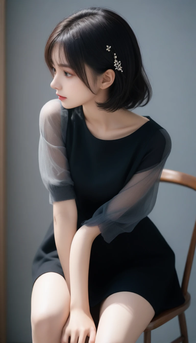 8k, Ultra-high resolution, Highest quality, masterpiece, 三分割法によるphotograph,Surreal, photograph, 1 Girl, (12 years old:1.3), pretty girl, Cute Face, Beautiful eyes in every detail, 細かくdetailedに,masterpiece,One Girl:1.2, Young Wife,full body,sad,streaming tears,Black short hair,Messy bun hair,(black suit:1.3),Nun's clothing,Black Pencil Skirt,(印象派の美しい少女のPortraiture), (Gray background:1.3),(Impressionist light and colour),Dedication to God,Sit in a tall chair,Black Stockings,Stiletto pumps,Realistic Skin, Perfect and beautiful face ,完璧でCute Face, Skin with attention to detail, Perfect limbs、Narrow waist,Looking at the audience、beauty,Long neck,clavicle,(((Ideal body type))),A cup small breasts :2,Portraiture:2,Perfect Anatomy,鮮明なdetailed,detailed,Surreal,Light and shadow,spotlight