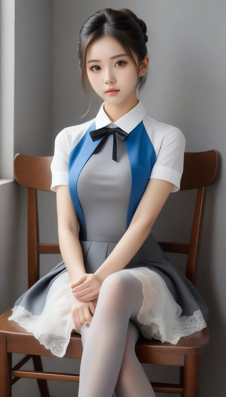 8k, Ultra-high resolution, Highest quality, masterpiece, 三分割法によるphotograph,Surreal, photograph, 1 Girl, (12 years old:1.3), pretty girl, Cute Face, Beautiful eyes in every detail, 細かくdetailedに,masterpiece,One Girl:1.2, Young Wife,full body,sad,streaming tears,Black short hair,Messy bun hair,(black suit:1.3),Nun's clothing,Black Pencil Skirt,(印象派の美しい少女のPortraiture), (Gray background:1.3),(Impressionist light and colour),Dedication to God,Sit in a tall chair,Black Stockings,Stiletto pumps,Realistic Skin, Perfect and beautiful face ,完璧でCute Face, Skin with attention to detail, Perfect limbs、Narrow waist,Looking at the audience、beauty,Long neck,clavicle,(((Ideal body type))),A cup small breasts :2,Portraiture:2,Perfect Anatomy,鮮明なdetailed,detailed,Surreal,Light and shadow,spotlight