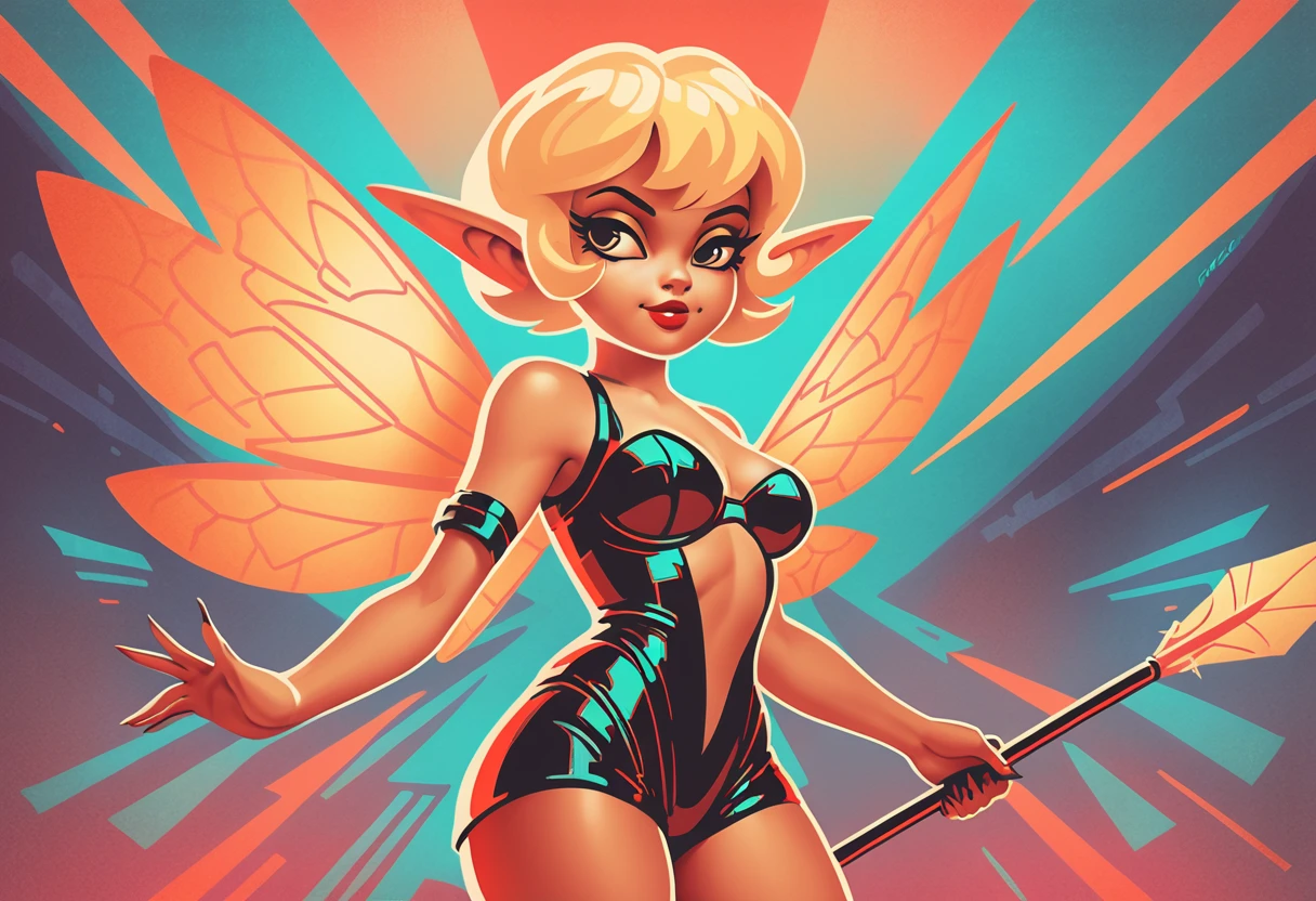 blonde haired woman with Fairy-like wings of gold dressed in a pixie-like outfit with leather and holding a red jagged spear in retro futurism art style
